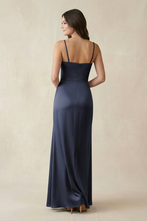Spaghetti Strap Ruched Sheath Satin Bridesmaid Dress in Dark Navy - KISS BRIDAL Bridesmaid Dresses