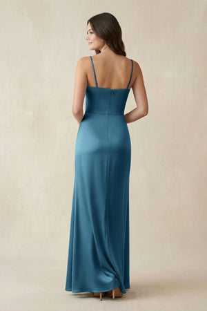 Spaghetti Strap Ruched Sheath Satin Bridesmaid Dress in Dark Teal - KISS BRIDAL Bridesmaid Dresses