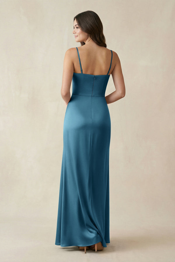 Spaghetti Strap Ruched Sheath Satin Bridesmaid Dress in Dark Teal - KISS BRIDAL Bridesmaid Dresses