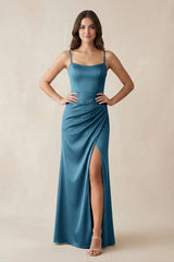 Spaghetti Strap Ruched Sheath Satin Bridesmaid Dress in Dark Teal - KISS BRIDAL Bridesmaid Dresses
