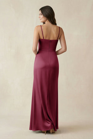 Spaghetti Strap Ruched Sheath Satin Bridesmaid Dress in Desert Rose - KISS BRIDAL Bridesmaid Dresses
