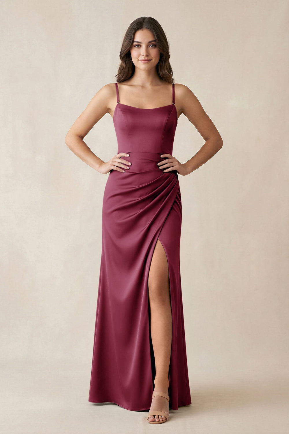 Spaghetti Strap Ruched Sheath Satin Bridesmaid Dress in Desert Rose - KISS BRIDAL Bridesmaid Dresses