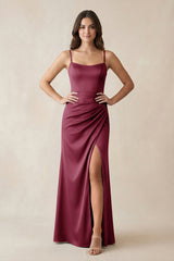 Spaghetti Strap Ruched Sheath Satin Bridesmaid Dress in Desert Rose - KISS BRIDAL Bridesmaid Dresses