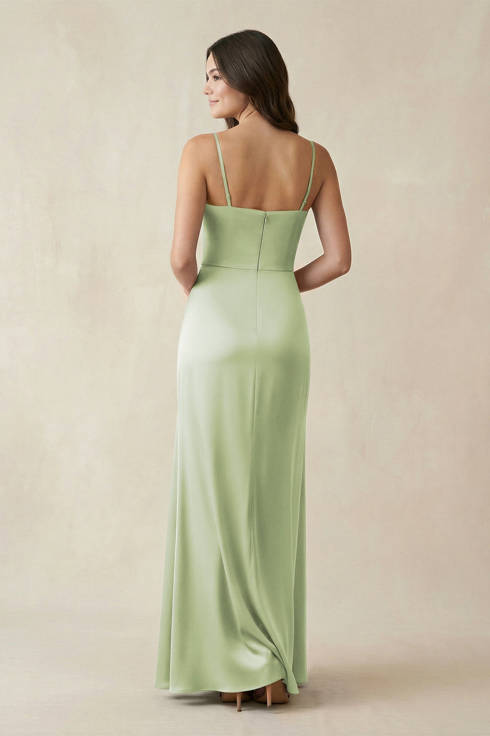 Spaghetti Strap Ruched Sheath Satin Bridesmaid Dress in Dusty Sage - KISS BRIDAL Bridesmaid Dresses