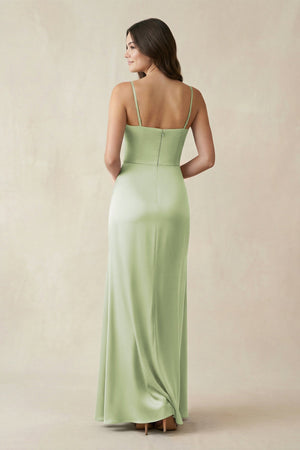 Spaghetti Strap Ruched Sheath Satin Bridesmaid Dress in Dusty Sage - KISS BRIDAL Bridesmaid Dresses