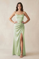 Spaghetti Strap Ruched Sheath Satin Bridesmaid Dress in Dusty Sage - KISS BRIDAL Bridesmaid Dresses