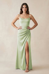 Spaghetti Strap Ruched Sheath Satin Bridesmaid Dress in Dusty Sage - KISS BRIDAL Bridesmaid Dresses