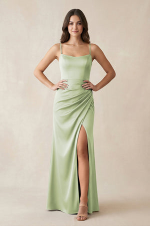 Spaghetti Strap Ruched Sheath Satin Bridesmaid Dress in Dusty Sage - KISS BRIDAL Bridesmaid Dresses