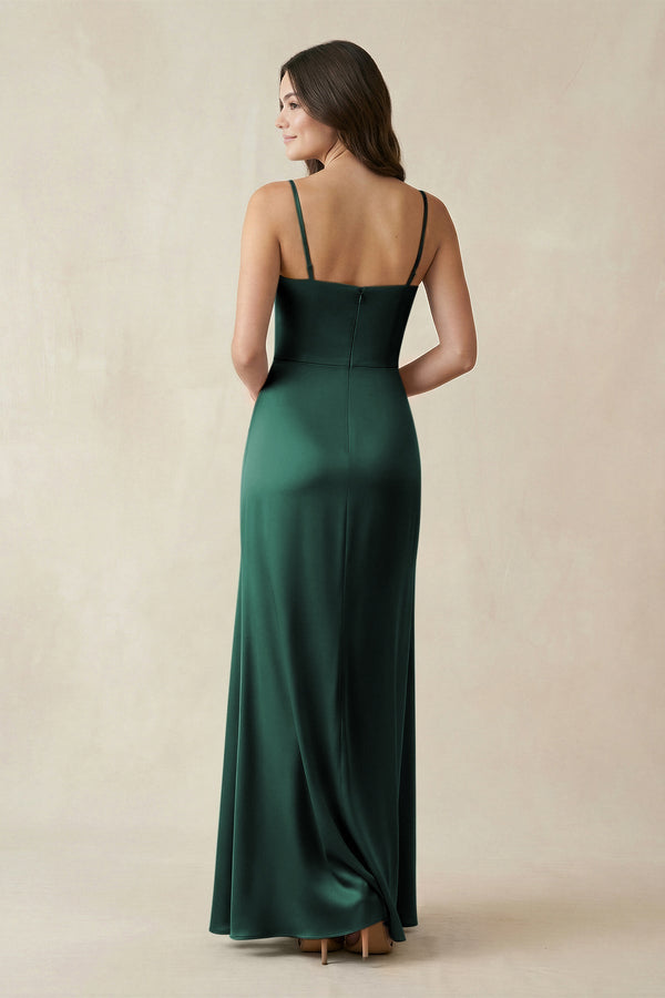 Spaghetti Strap Ruched Sheath Satin Bridesmaid Dress in Emerald - KISS BRIDAL Bridesmaid Dresses