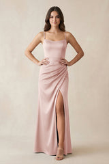 Spaghetti Strap Ruched Sheath Satin Bridesmaid Dress in English Rose - KISS BRIDAL Bridesmaid Dresses
