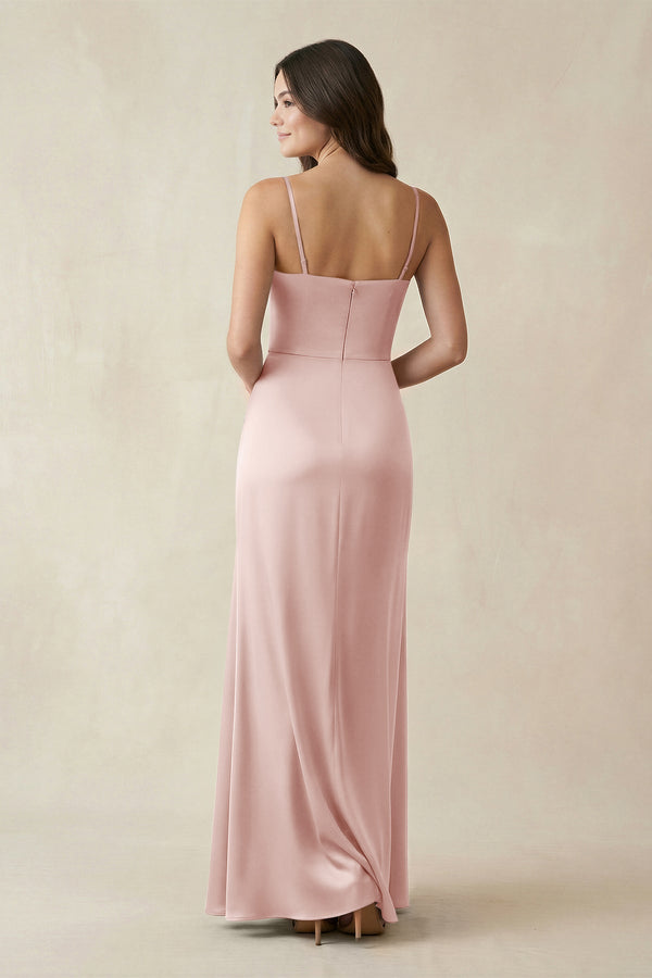Spaghetti Strap Ruched Sheath Satin Bridesmaid Dress in English Rose - KISS BRIDAL Bridesmaid Dresses