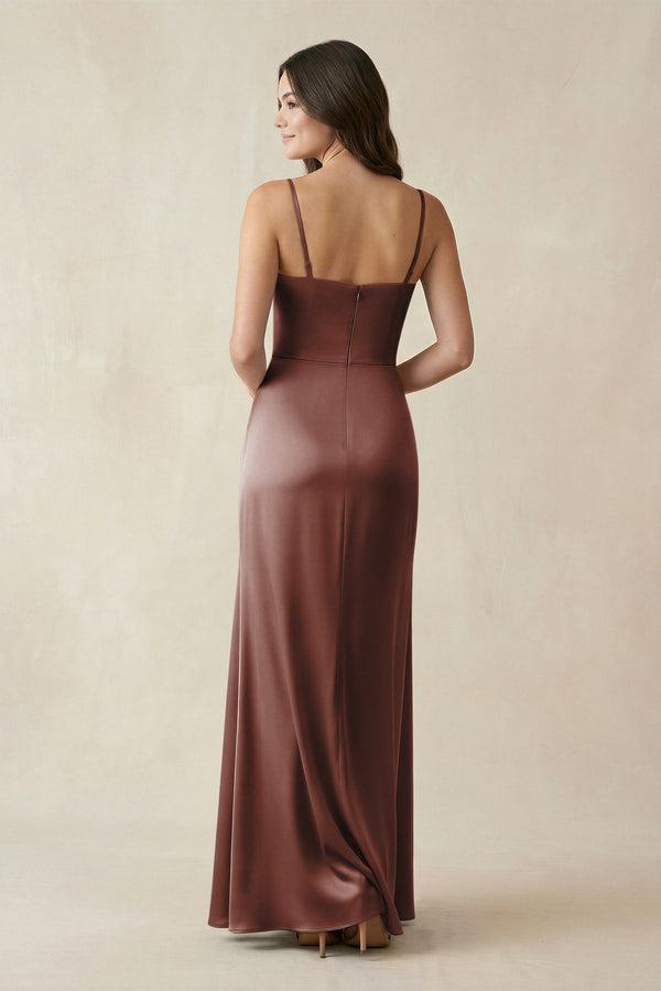 Spaghetti Strap Ruched Sheath Satin Bridesmaid Dress in Espresso - KISS BRIDAL Bridesmaid Dresses