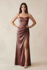 Spaghetti Strap Ruched Sheath Satin Bridesmaid Dress in Espresso - KISS BRIDAL Bridesmaid Dresses