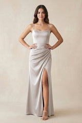 Spaghetti Strap Ruched Sheath Satin Bridesmaid Dress in Frost - KISS BRIDAL Bridesmaid Dresses