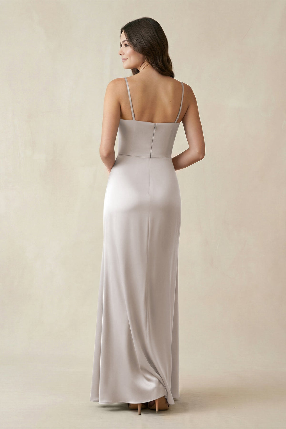 Spaghetti Strap Ruched Sheath Satin Bridesmaid Dress in Frost - KISS BRIDAL Bridesmaid Dresses