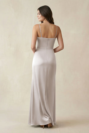 Spaghetti Strap Ruched Sheath Satin Bridesmaid Dress in Frost - KISS BRIDAL Bridesmaid Dresses