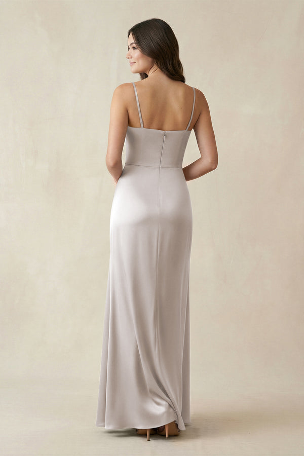 Spaghetti Strap Ruched Sheath Satin Bridesmaid Dress in Frost - KISS BRIDAL Bridesmaid Dresses