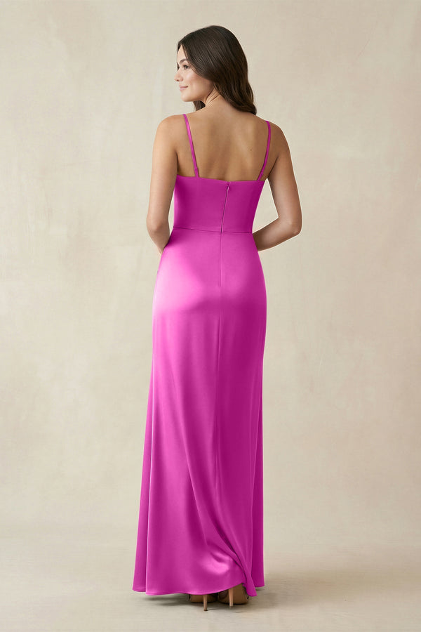 Spaghetti Strap Ruched Sheath Satin Bridesmaid Dress in Fuchsia - KISS BRIDAL Bridesmaid Dresses