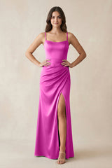 Spaghetti Strap Ruched Sheath Satin Bridesmaid Dress in Fuchsia - KISS BRIDAL Bridesmaid Dresses