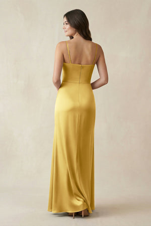 Spaghetti Strap Ruched Sheath Satin Bridesmaid Dress in Gold - KISS BRIDAL Bridesmaid Dresses