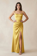 Spaghetti Strap Ruched Sheath Satin Bridesmaid Dress in Gold - KISS BRIDAL Bridesmaid Dresses