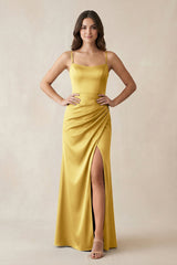 Spaghetti Strap Ruched Sheath Satin Bridesmaid Dress in Gold - KISS BRIDAL Bridesmaid Dresses