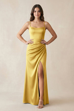 Spaghetti Strap Ruched Sheath Satin Bridesmaid Dress in Gold - KISS BRIDAL Bridesmaid Dresses