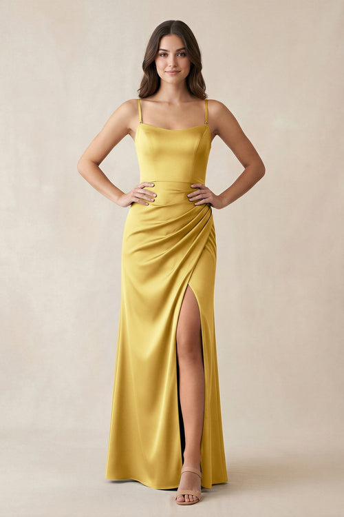 Spaghetti Strap Ruched Sheath Satin Bridesmaid Dress in Gold - KISS BRIDAL Bridesmaid Dresses