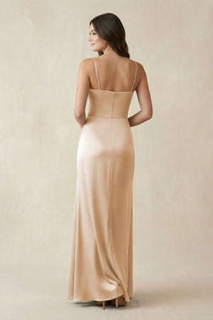 Spaghetti Strap Ruched Sheath Satin Bridesmaid Dress in Golden Champagne - KISS BRIDAL Bridesmaid Dresses