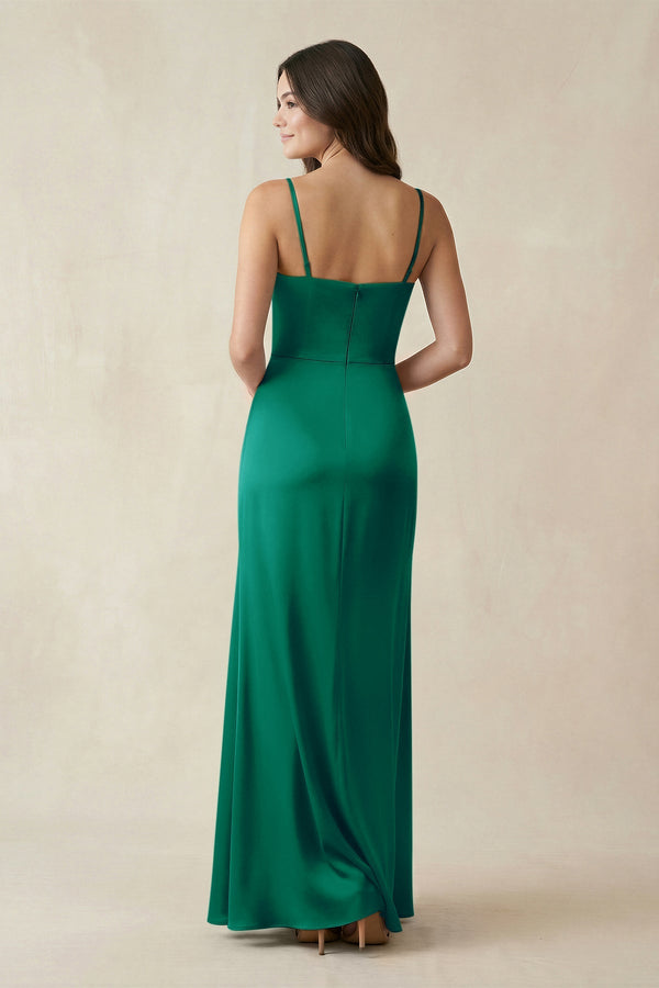 Spaghetti Strap Ruched Sheath Satin Bridesmaid Dress in Green - KISS BRIDAL Bridesmaid Dresses