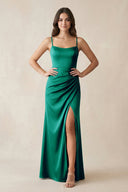 Spaghetti Strap Ruched Sheath Satin Bridesmaid Dress in Green - KISS BRIDAL Bridesmaid Dresses