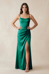 Spaghetti Strap Ruched Sheath Satin Bridesmaid Dress in Green - KISS BRIDAL Bridesmaid Dresses