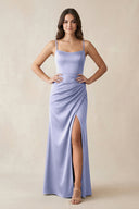 Spaghetti Strap Ruched Sheath Satin Bridesmaid Dress in Lavender - KISS BRIDAL Bridesmaid Dresses