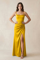 Spaghetti Strap Ruched Sheath Satin Bridesmaid Dress in Marigold - KISS BRIDAL Bridesmaid Dresses