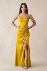 Spaghetti Strap Ruched Sheath Satin Bridesmaid Dress in Marigold - KISS BRIDAL Bridesmaid Dresses