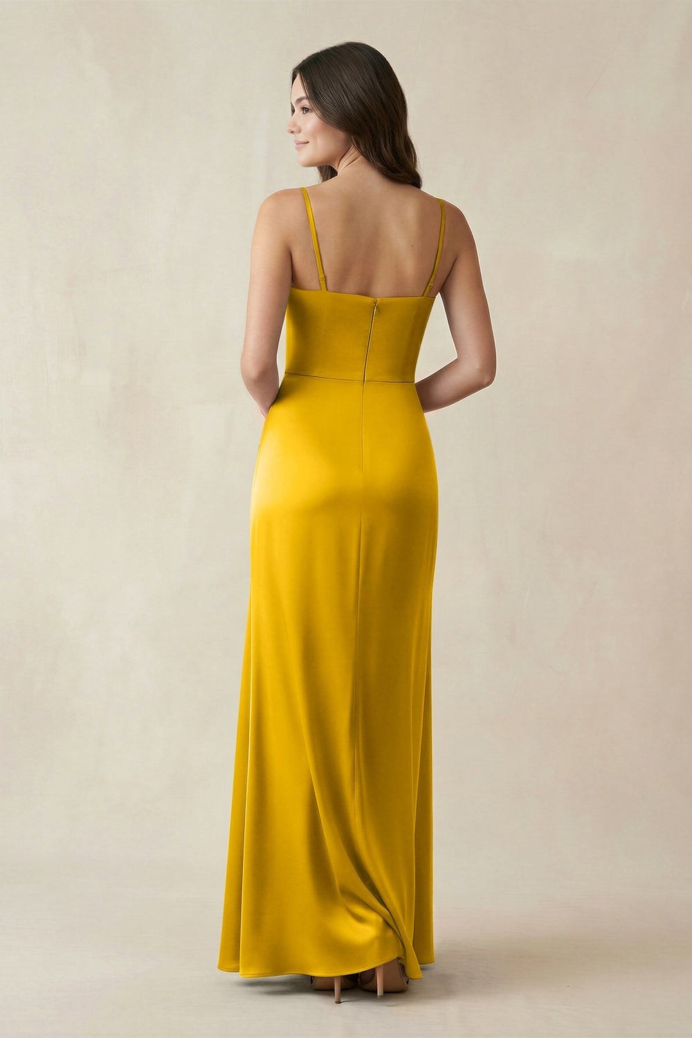 Spaghetti Strap Ruched Sheath Satin Bridesmaid Dress in Marigold - KISS BRIDAL Bridesmaid Dresses