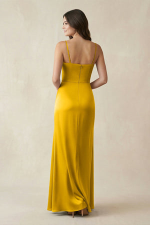 Spaghetti Strap Ruched Sheath Satin Bridesmaid Dress in Marigold - KISS BRIDAL Bridesmaid Dresses