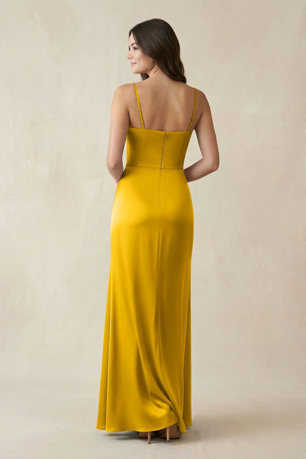 Spaghetti Strap Ruched Sheath Satin Bridesmaid Dress in Marigold - KISS BRIDAL Bridesmaid Dresses