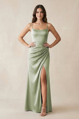 Spaghetti Strap Ruched Sheath Satin Bridesmaid Dress in Matcha - KISS BRIDAL Bridesmaid Dresses