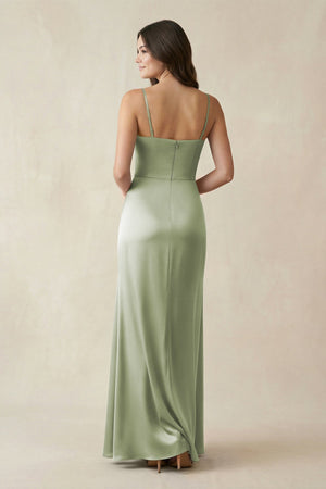 Spaghetti Strap Ruched Sheath Satin Bridesmaid Dress in Matcha - KISS BRIDAL Bridesmaid Dresses