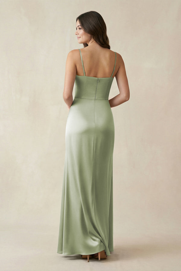 Spaghetti Strap Ruched Sheath Satin Bridesmaid Dress in Matcha - KISS BRIDAL Bridesmaid Dresses