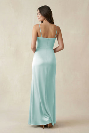 Spaghetti Strap Ruched Sheath Satin Bridesmaid Dress in Mist - KISS BRIDAL Bridesmaid Dresses