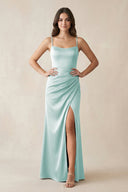 Spaghetti Strap Ruched Sheath Satin Bridesmaid Dress in Mist - KISS BRIDAL Bridesmaid Dresses