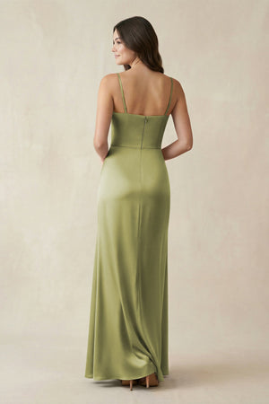 Spaghetti Strap Ruched Sheath Satin Bridesmaid Dress in Moss Green - KISS BRIDAL Bridesmaid Dresses