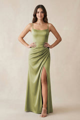 Spaghetti Strap Ruched Sheath Satin Bridesmaid Dress in Moss Green - KISS BRIDAL Bridesmaid Dresses
