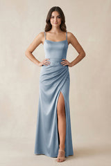 Spaghetti Strap Ruched Sheath Satin Bridesmaid Dress in Neptune - KISS BRIDAL Bridesmaid Dresses