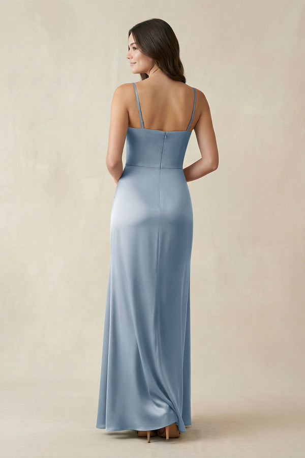 Spaghetti Strap Ruched Sheath Satin Bridesmaid Dress in Neptune - KISS BRIDAL Bridesmaid Dresses