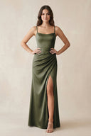 Spaghetti Strap Ruched Sheath Satin Bridesmaid Dress in Olive - KISS BRIDAL Bridesmaid Dresses