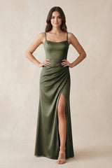 Spaghetti Strap Ruched Sheath Satin Bridesmaid Dress in Olive - KISS BRIDAL Bridesmaid Dresses