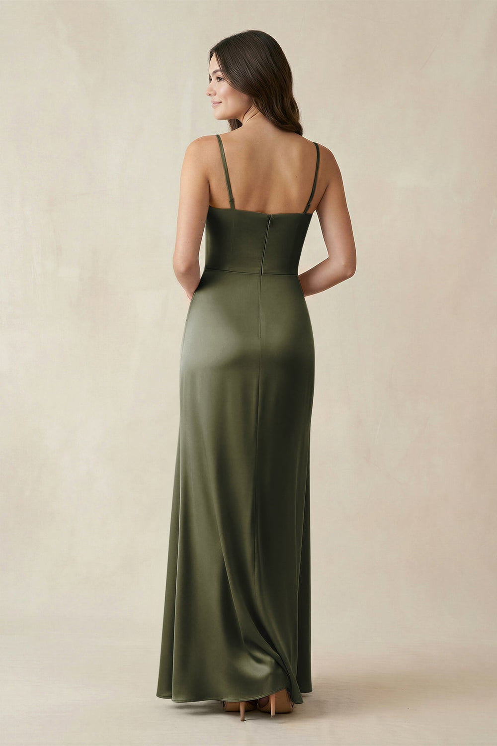 Spaghetti Strap Ruched Sheath Satin Bridesmaid Dress in Olive - KISS BRIDAL Bridesmaid Dresses
